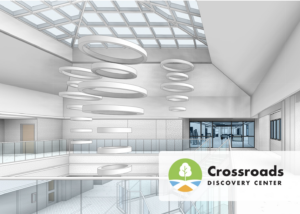 Crossroads Discovery Center artist rendering showing mezzanine and entrance to the space