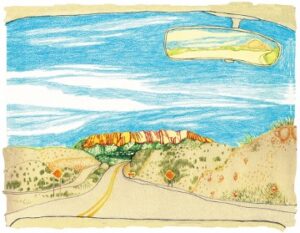 colored pencil art of group of mountains in distance visible from behind car windshield