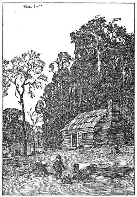 Pencil drawing of a cabin in the woods