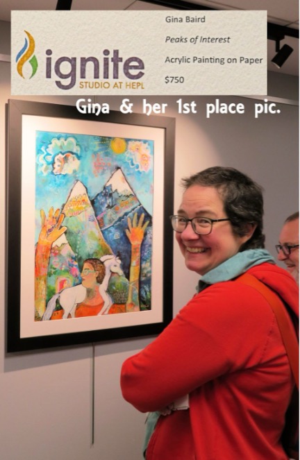 Woman in red sweater smiling back over he shoulder with a painting of mountain and animals in the background.
