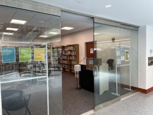 Glass door entrance to bookshop