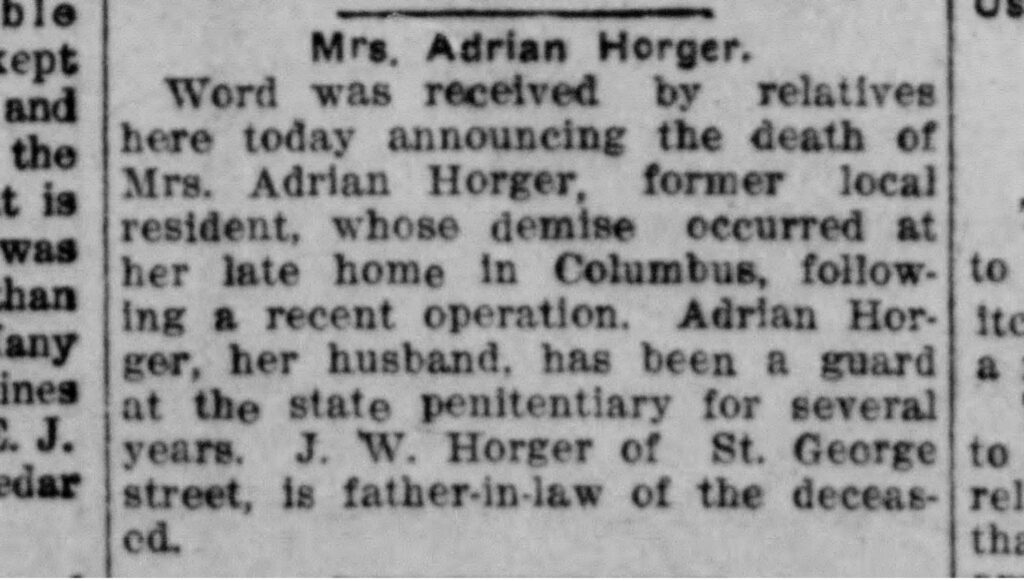 Article “Mrs. Adrian Horger” 