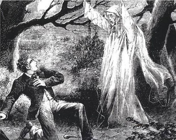 black and white illustration of man being scared by a ghost