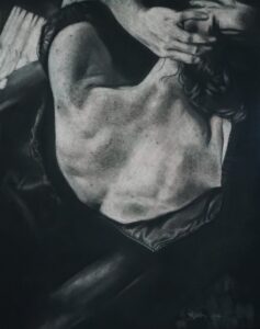 Strength. Mallory Coffey. Subtractive charcoal drawing with watercolor underneath. 16x20in_
