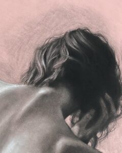 Detail of Vulnerability. Mallory Coffey. Subtractive charcoal drawing with soft pastel.