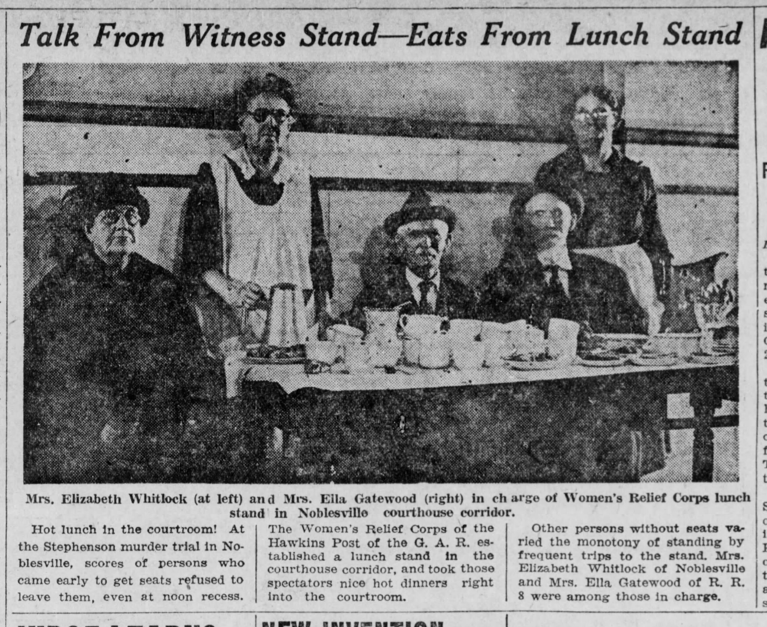 Newspaper article clipping about the Stephenson Trial showcasing a photo of the Women's Relief Corps lunch stand inside the courthouse.
