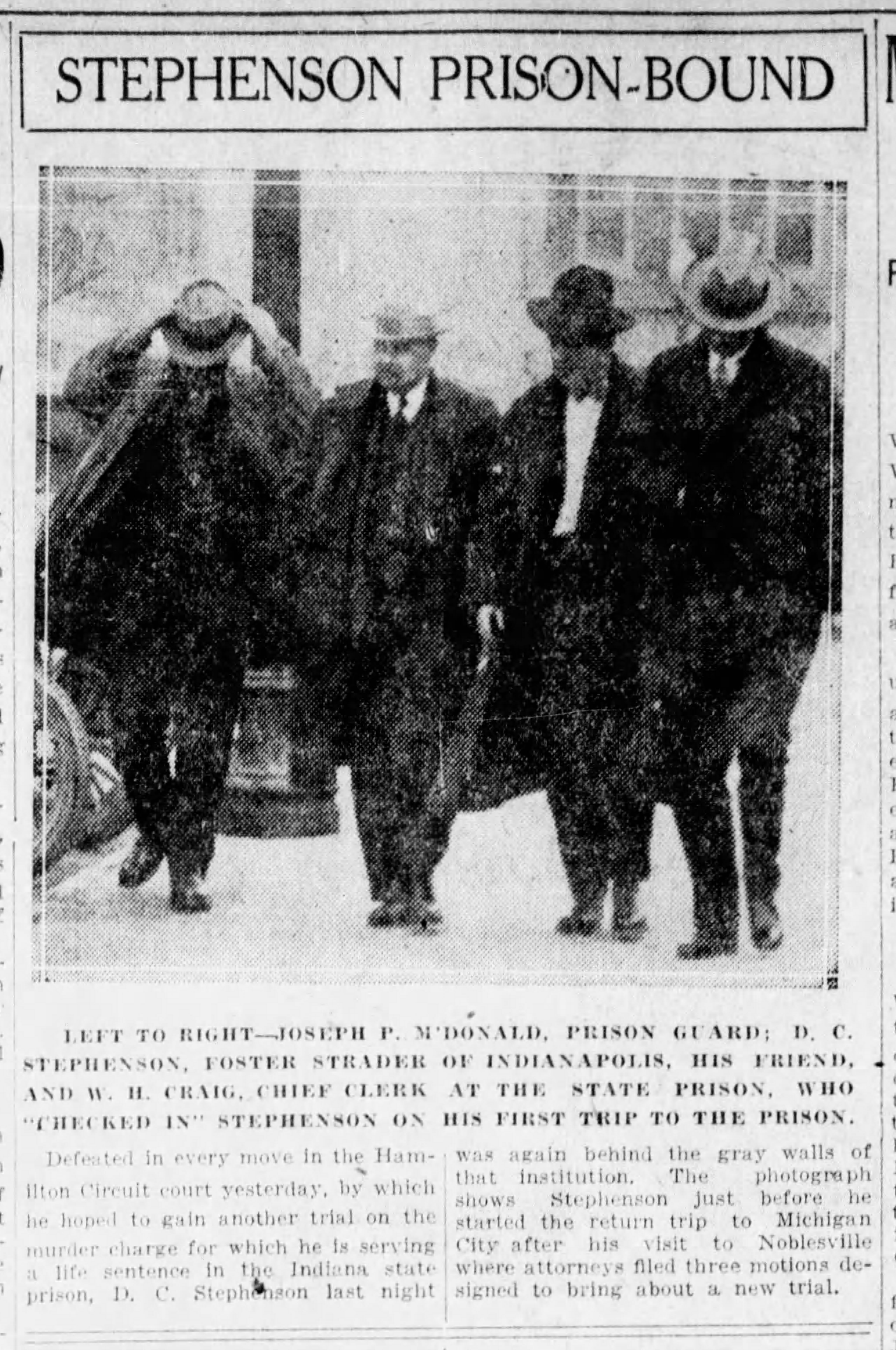 Newspaper article clipping about D.C. Stephenson featuring a photograph of D.C. Stephenson with three other men walking down the street.