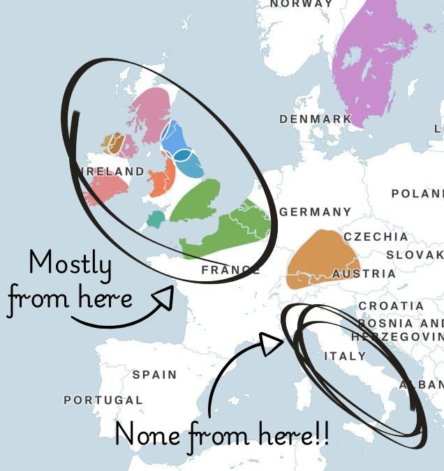 ancestra dna map highlighting areas in England, Ireland, Germany, France, and Denmark