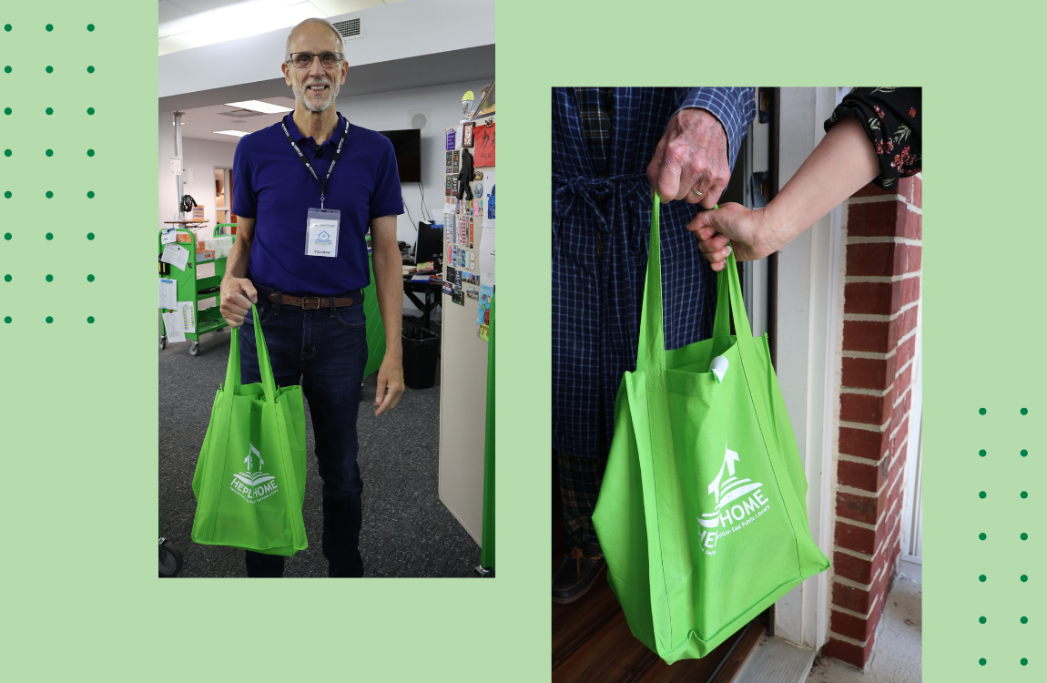 home delivery man holding green bag and woman handing green bag through a doorway