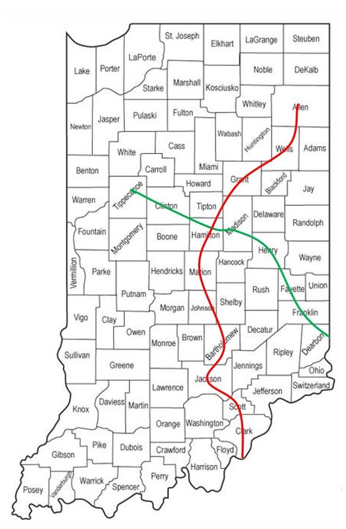 map of trails traveled by Native Americans and early settlers through Indiana